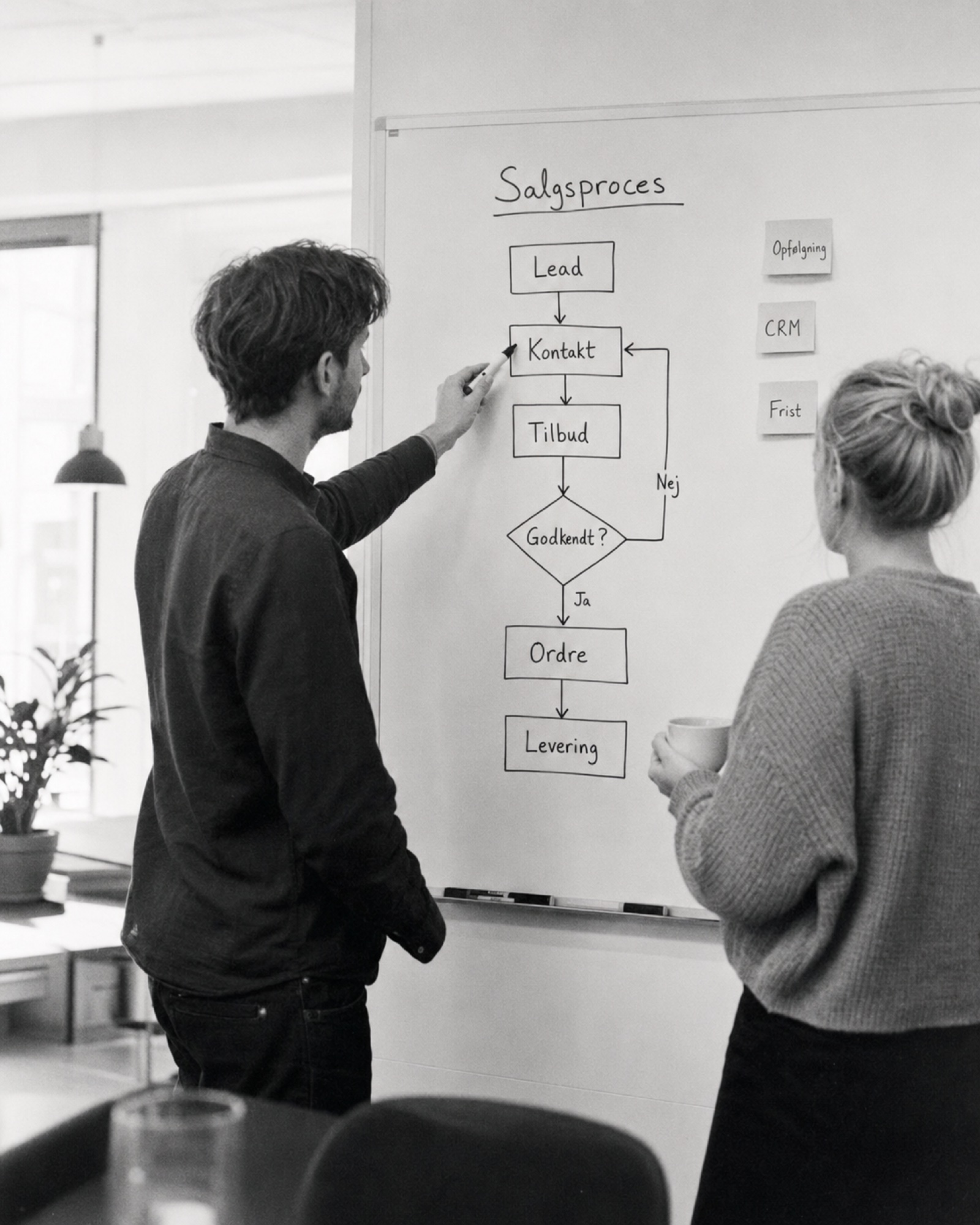 Whiteboard med salgsproces fra lead til levering
